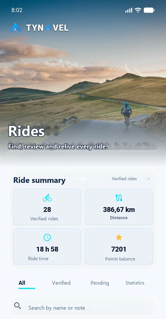 Translated screenshot of the rides screen with ride history, search and verification statuses