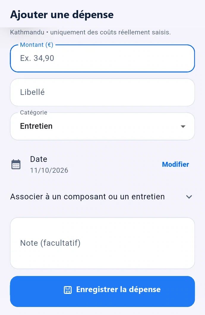 Véritable formulaire Tynavel d’ajout d’une dépense : montant, libellé, catégorie et date