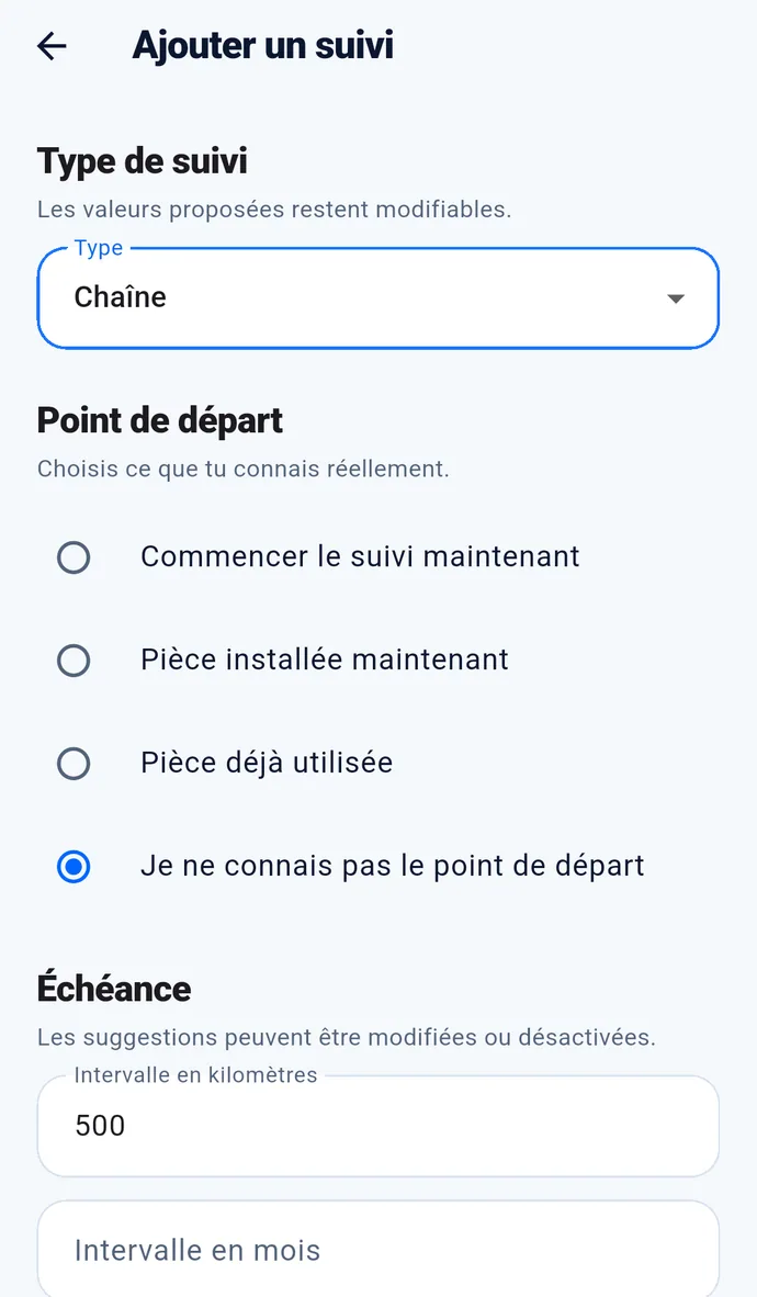 Véritable formulaire Tynavel d’ajout d’un suivi d’entretien : composant, point de départ et échéances