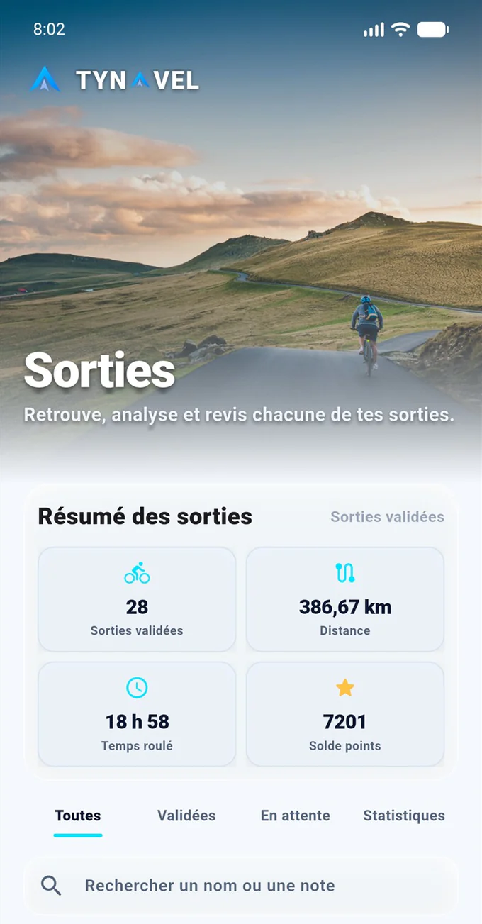 Capture Tynavel : écran Sorties avec statistiques, filtres et recherche